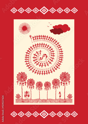 A Glimpse into the Past: A Warli Window to Rural Life. Warli art rural life, Warli village scene, Indian folk art rural, Warli countryside painting.