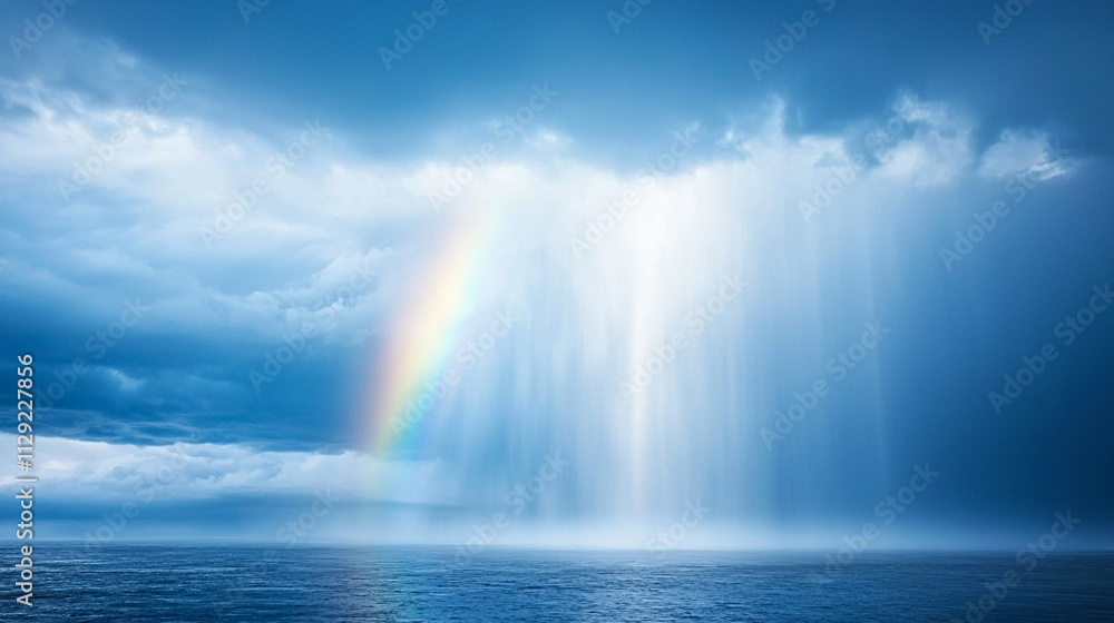 Rainbow over ocean as rain cascades from dramatic cloudy skies. Rainbow over ocean as rain cascades from dramatic cloudy skies.