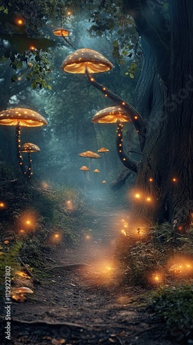 Digital Photography Backdrop. A mystical enchanted forest with glowing mushrooms. and fog. 