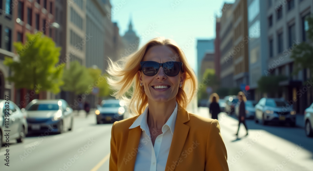 Middle aged woman smiling and walking down city street Middle aged woman smiling and walking down city street