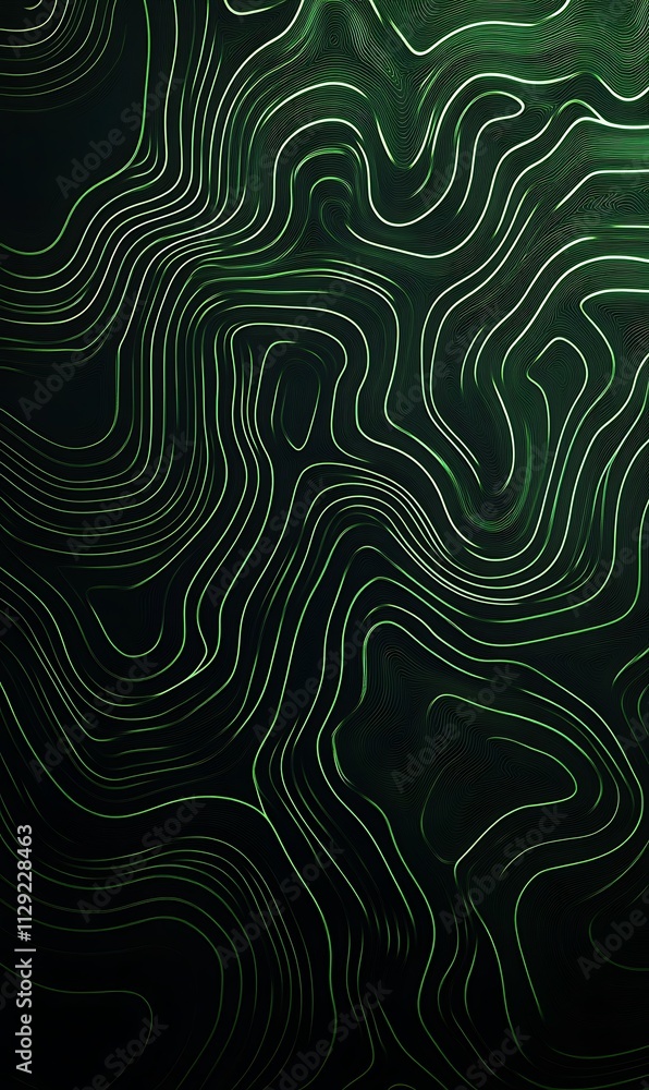 Fototapeta premium Green swirling lines on a dark green background, forming a fluid and dynamic pattern.