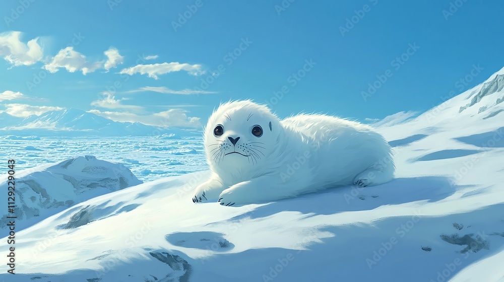 A harp seal pup lying on a pristine snowfield A harp seal pup lying on a pristine snowfield