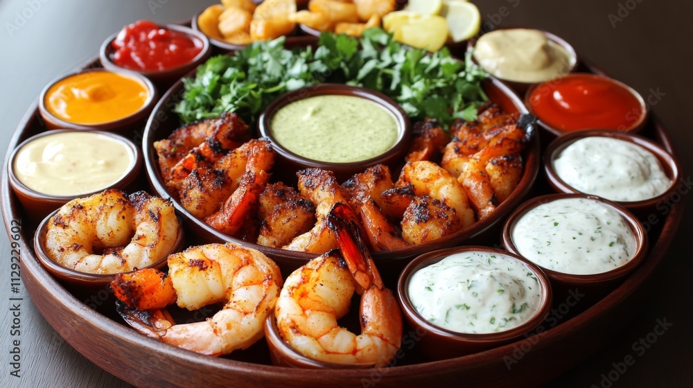 Delicious Shrimp Platter with Variety of Dips and Sauces Delicious Shrimp Platter with Variety of Dips and Sauces