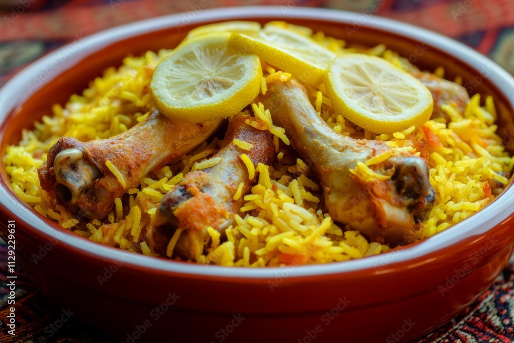 Delicious chicken and rice dish, garnished with lemon slices, served in a rustic bowl. Delicious chicken and rice dish, garnished with lemon slices, served in a rustic bowl.