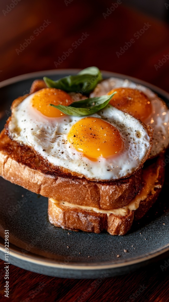 Delicious Fried Eggs on Toast with Basil Gourmet Breakfast Food Delicious Fried Eggs on Toast with Basil Gourmet Breakfast Food