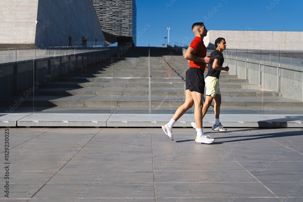 © Studio Marmellata - A man in a red shirt and a man in a black shirt jog side by side on a modern urban pathway with sleek architectural structures in the background under a clear blue sky