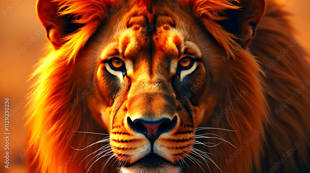 Fototapeta premium Majestic Lion Staring Intently with a Fiery Mane Set Against a Golden Background