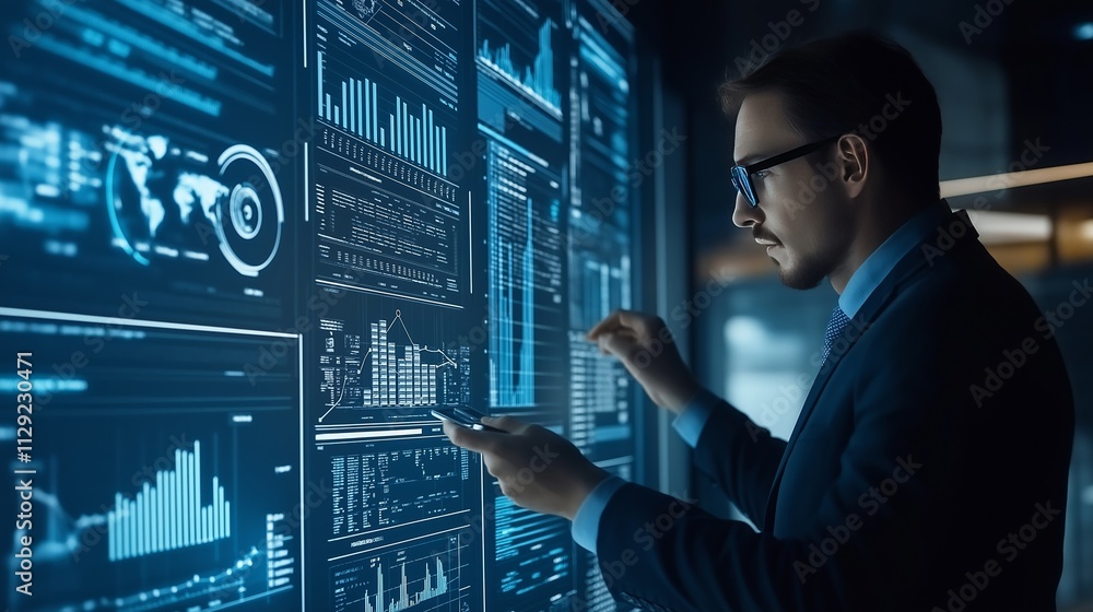 Business professional analyzes data on a digital display in a modern office environment during the evening Business professional analyzes data on a digital display in a modern office environment during the evening