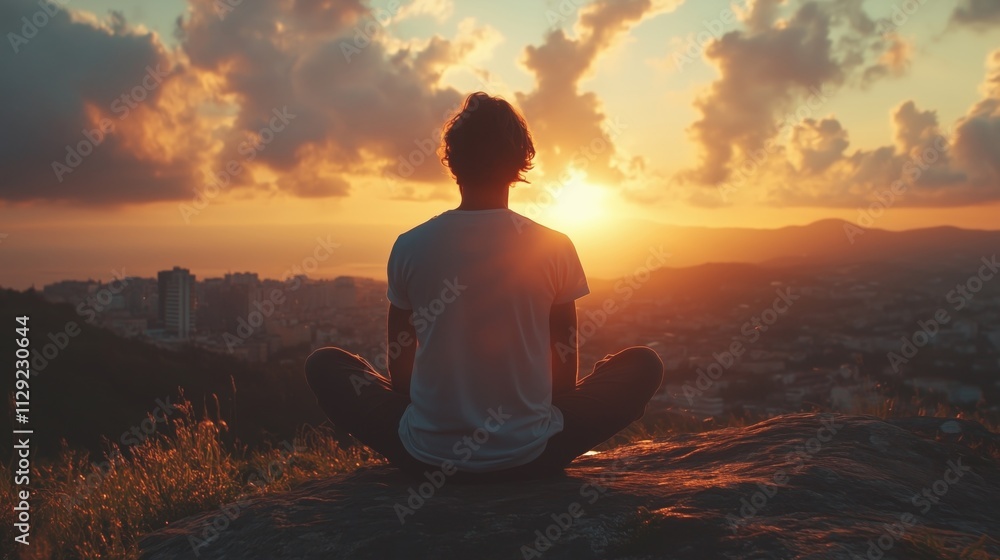 Man sitting on a rock enjoys a peaceful sunset over the city skyline and ocean horizon in the evening light Man sitting on a rock enjoys a peaceful sunset over the city skyline and ocean horizon in the evening light