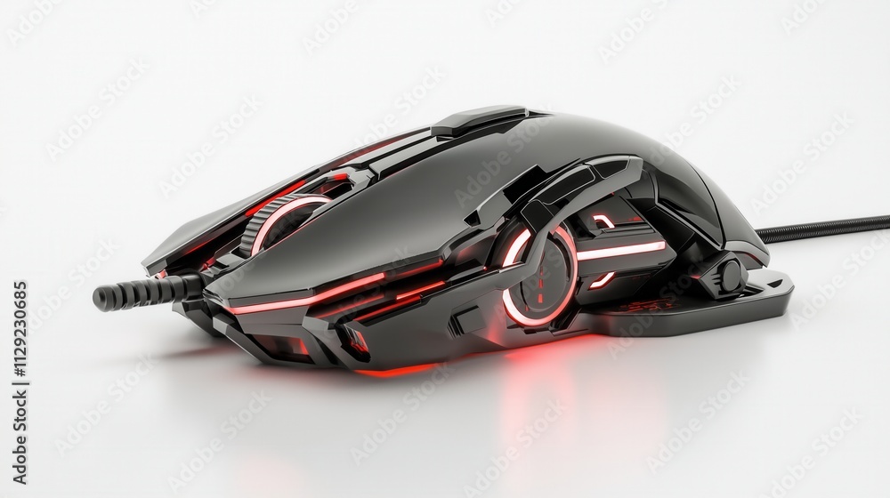 Sleek Black and Red Gaming Mouse with RGB Lighting: High-Performance Ergonomic Design for PC Gamers Sleek Black and Red Gaming Mouse with RGB Lighting: High-Performance Ergonomic Design for PC Gamers
