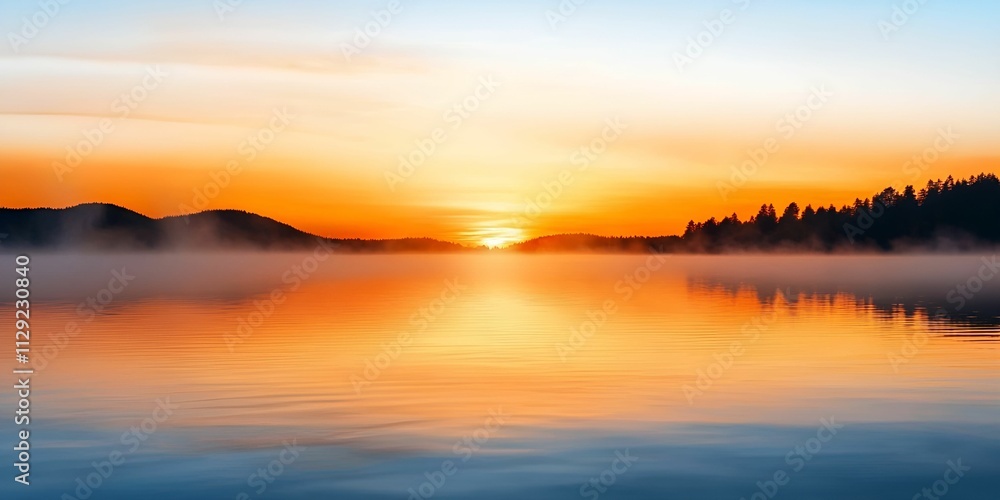 Fototapeta premium Natural transpiration concept. Serene sunset over a calm lake with mist and silhouettes of hills in the background.