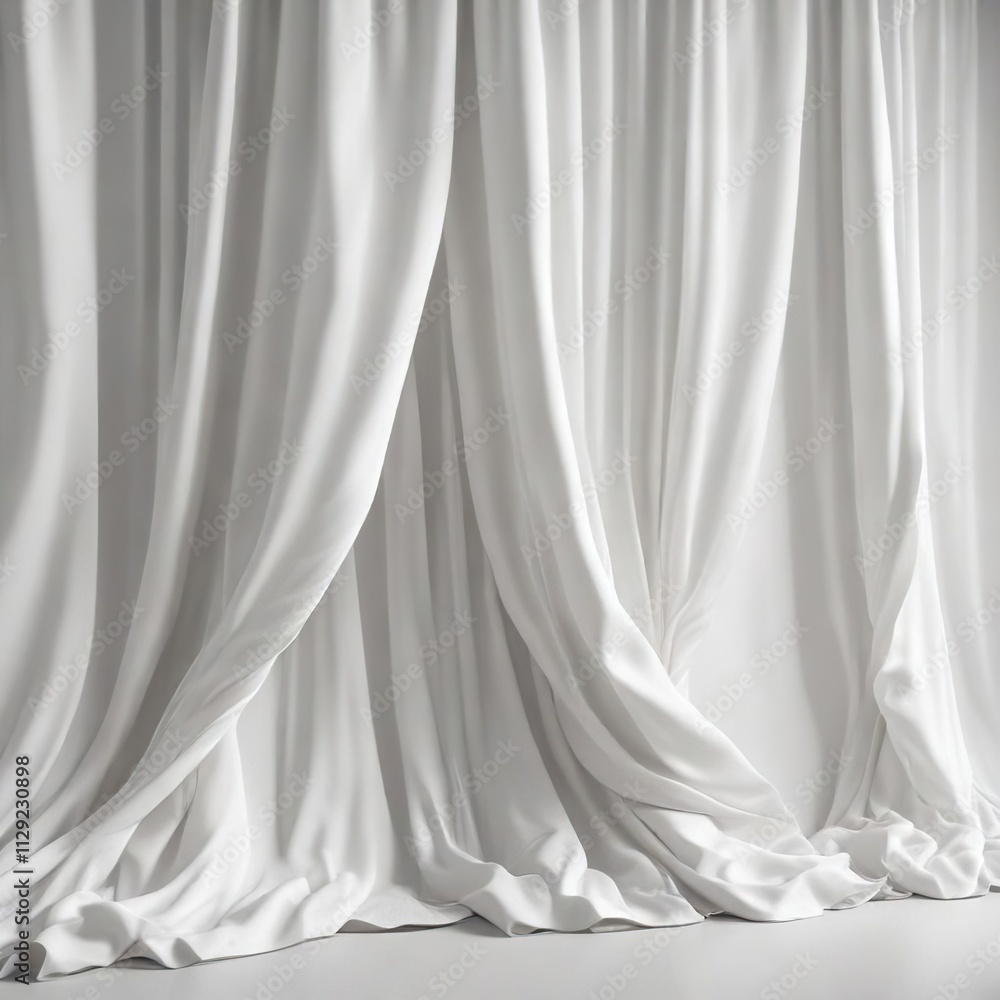 Elegantly flowing white curtain with a wave-like texture, tranquil setting, fabric art