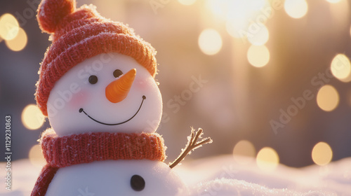 Winter holiday christmas background banner - Closeup of cute funny laughing snowman with wool hat and scarf, on snowy snow snowscape with bokeh lights, illuminated by the sun
