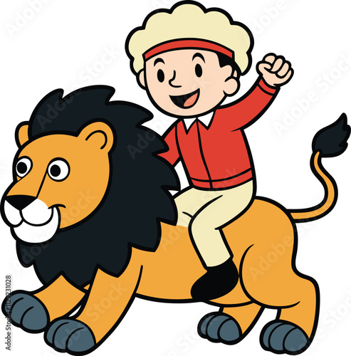 Brave Lion Tamer: A cheerful cartoon character confidently rides atop a friendly lion
