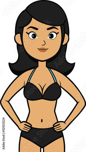 A cartoon illustration of a young woman in a black bikini