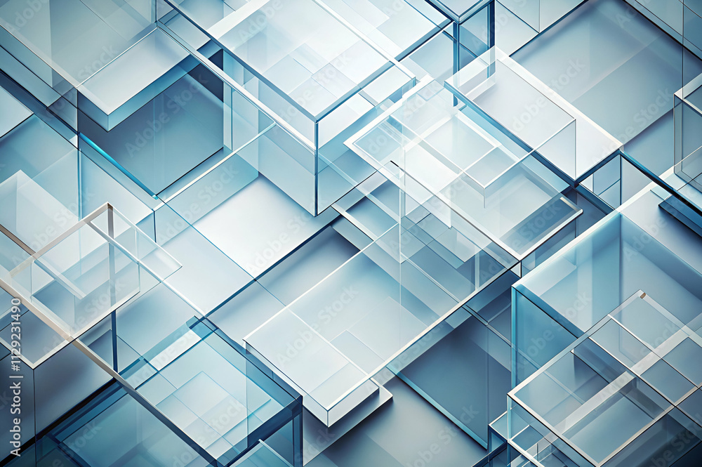 Abstract geometric pattern featuring layered glass-like rectangles in varying shades of blue and transparency. Abstract geometric pattern featuring layered glass-like rectangles in varying shades of blue and transparency.