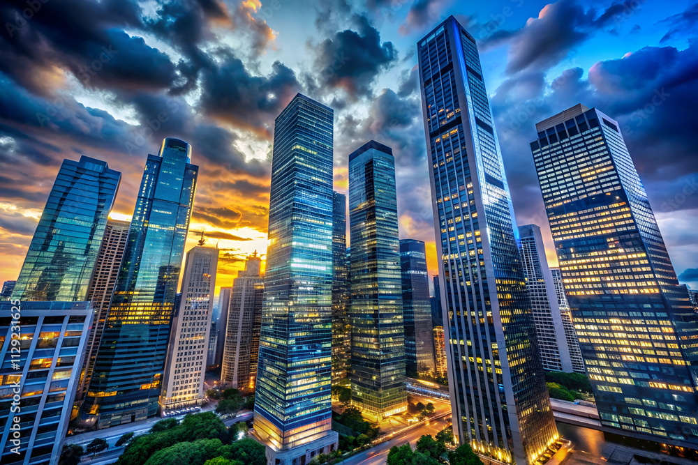 Obraz premium A vibrant city skyline at sunset, showcasing towering glass skyscrapers under a dramatic sky filled with clouds.