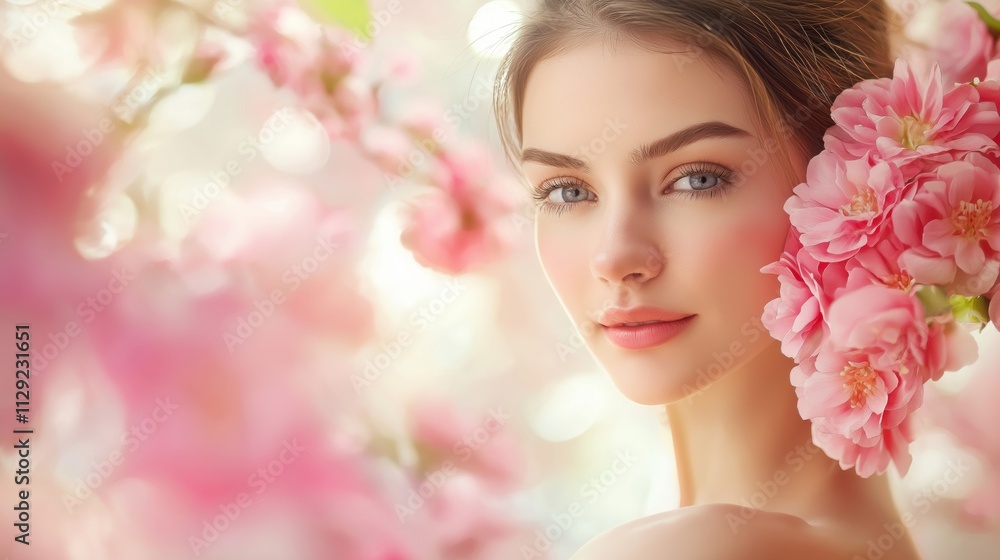 Fototapeta premium Young woman with delicate features posing amidst blooming pink flowers in a serene, natural setting during springtime