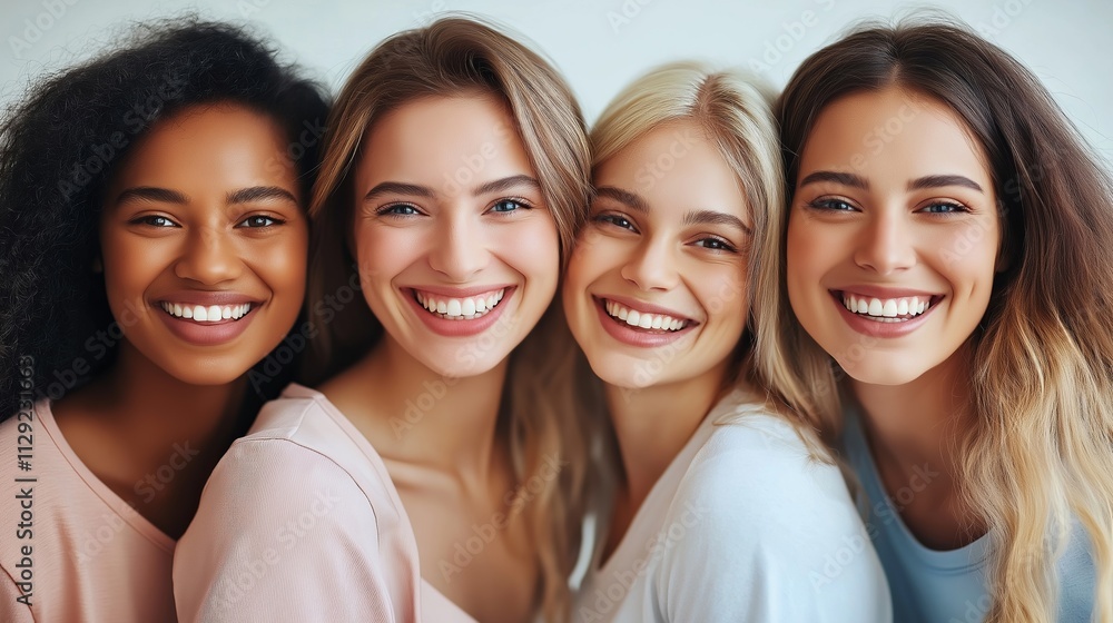 Group of young women smiling together in a bright, indoor setting, sharing a joyful moment with diverse hairstyles and outfits Group of young women smiling together in a bright, indoor setting, sharing a joyful moment with diverse hairstyles and outfits