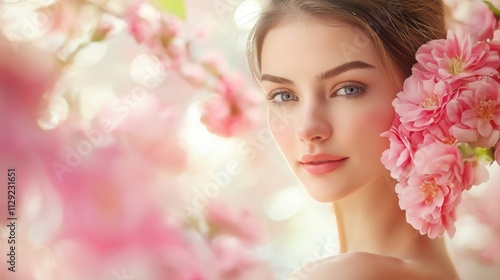 Young woman with delicate features posing amidst blooming pink flowers in a serene, natural setting during springtime