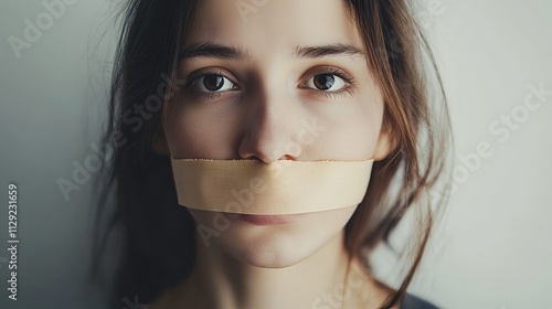 Woman with tape over her mouth expressing silence and restriction in a simple indoor setting photo