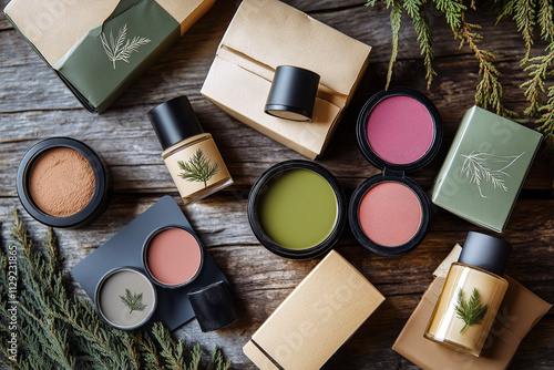 Flat lay of organic and vegan cosmetic products with eco-friendly packaging, including lip balms and eyeshadows. photo