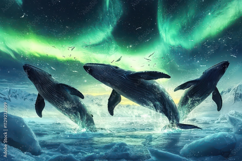 Obraz premium Three whales breach the icy surface under a stunning aurora borealis, creating a magical scene amidst a frozen landscape.
