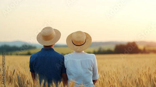 Couple in Straw Hats Admiring Golden Wheat Field at Sunset