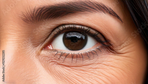  hyper-realistic close-up of an elderly person's eye, showcasing intricate details like wrinkles, fine lines and sagged skin. photo