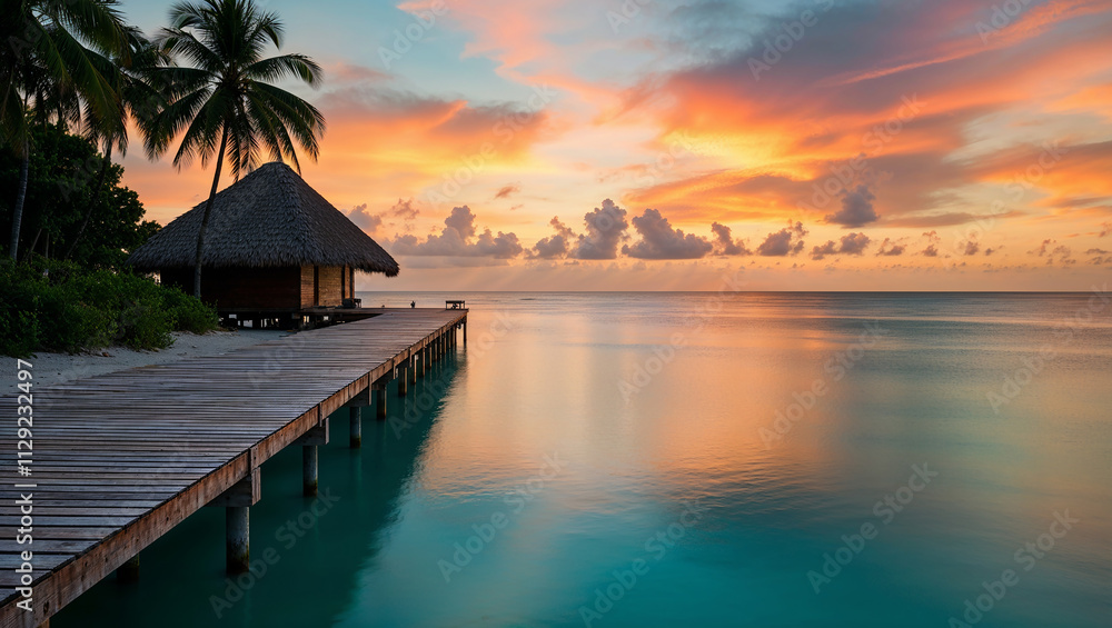 Wooden pier leading to tropical bungalow at sunset in paradise Wooden pier leading to tropical bungalow at sunset in paradise