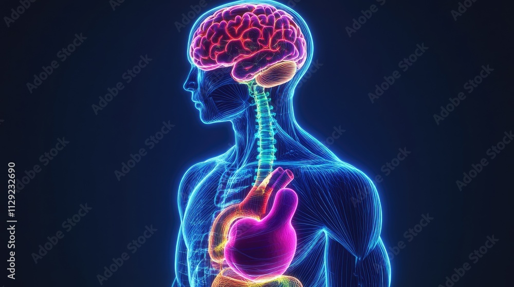 human anatomy with glowing organs showcasing brain, heart, liver, and intestines human anatomy with glowing organs showcasing brain, heart, liver, and intestines