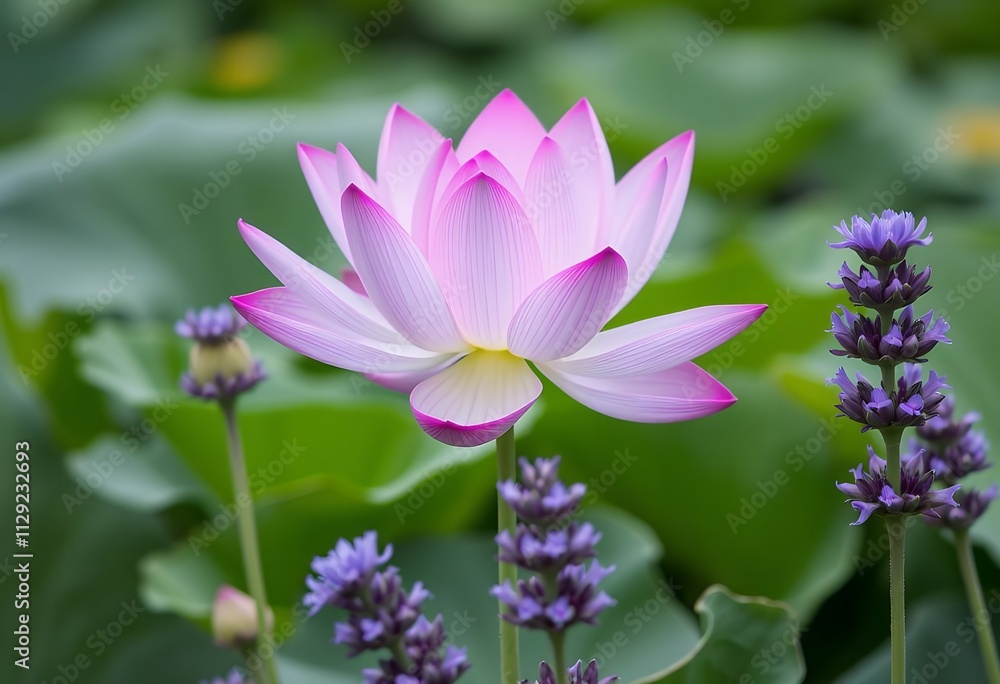 Serene Pink Lotus Flower with Purple Flowers Nature Beauty Serene Pink Lotus Flower with Purple Flowers Nature Beauty
