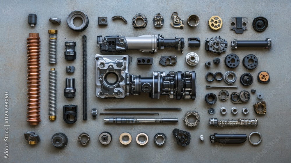 Arranged car engine parts include pistons, gears, belts, and valves displayed on a flat surface, providing ample space for additional text. Generative AI Arranged car engine parts include pistons, gears, belts, and valves displayed on a flat surface, providing ample space for additional text. Generative AI