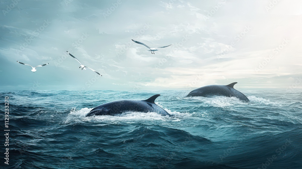 Two dolphins swim gracefully in the ocean under a cloudy sky, surrounded by seagulls, creating a serene marine scene. Two dolphins swim gracefully in the ocean under a cloudy sky, surrounded by seagulls, creating a serene marine scene.