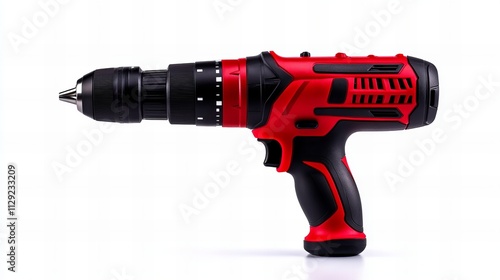 A sleek, modern red and black cordless drill on a white background, showcasing its powerful design and ergonomic grip. photo