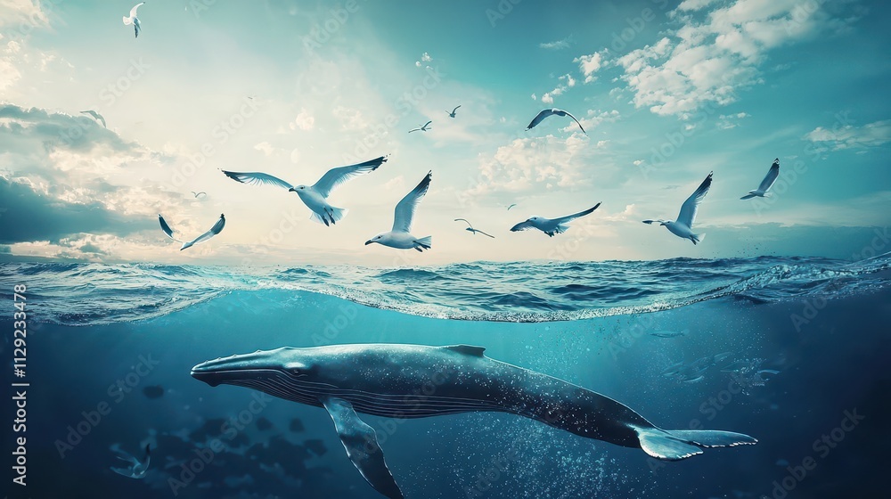 Obraz premium A serene underwater scene featuring a whale swimming beneath the surface, surrounded by birds flying above, capturing the beauty of marine life.