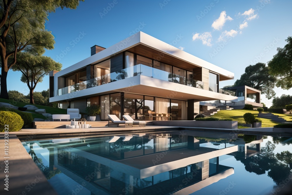 Fototapeta premium Large outdoor pool near a luxury villa, design of a modern villa with a pool.