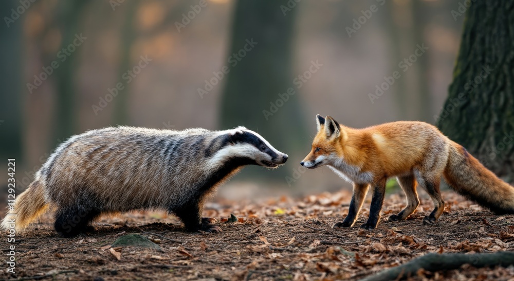 Forest encounter between european badger and red fox amid autumn leaves Forest encounter between european badger and red fox amid autumn leaves