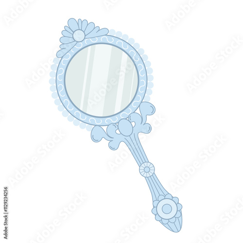 Vintage decorated mirror. Retro feminine item. Women's elegant attribute. Vector illustration