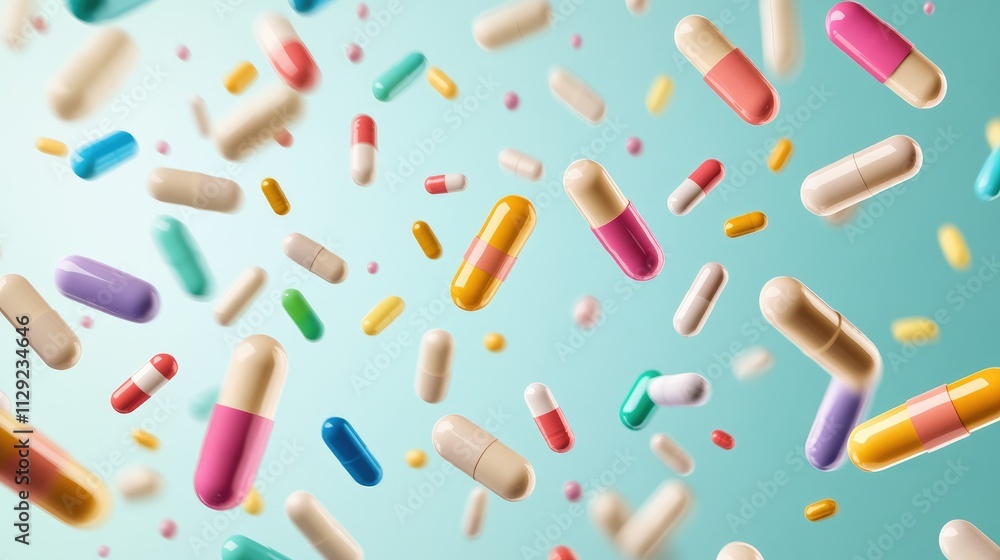 Multi-colored pills and capsules of drugs flying in all directions Multi-colored pills and capsules of drugs flying in all directions