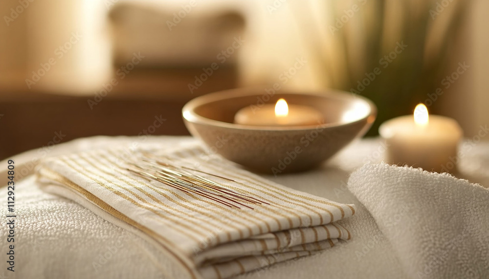 Close up of needles near soft towels, massage, spa generated.AI Close up of needles near soft towels, massage, spa generated.AI