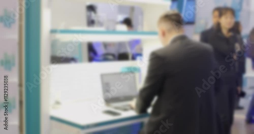 Businessman working on laptop at trade show with defocused background
