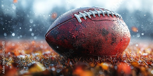 Wet American Football on Autumn Grass Rain Fall Sports photo