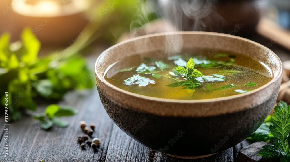 Fresh Herbal Soup with Mint Leaves in a Rustic Bowl Fresh Herbal Soup with Mint Leaves in a Rustic Bowl