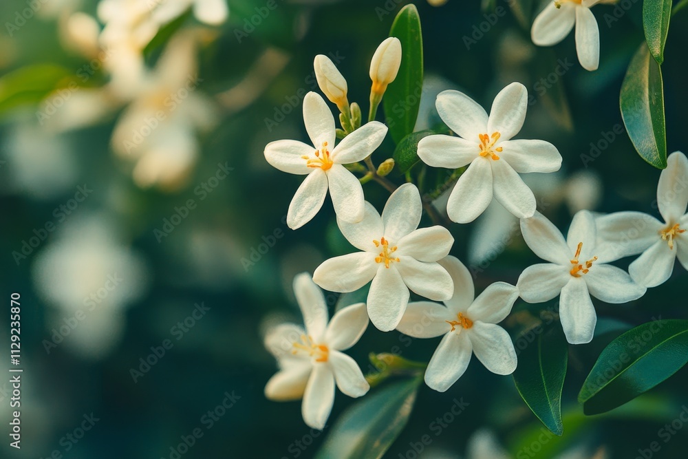 Close-up of delicate white flowers with yellow centers blooming on a green bush. Close-up of delicate white flowers with yellow centers blooming on a green bush.
