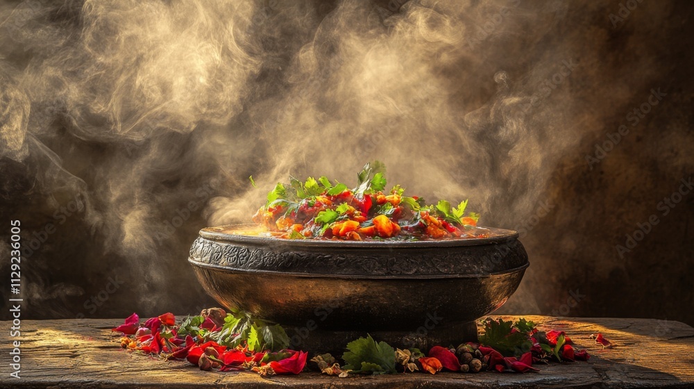 Aromatic Dish with Fresh Herbs and Steam Rising from Serving Bowl Aromatic Dish with Fresh Herbs and Steam Rising from Serving Bowl
