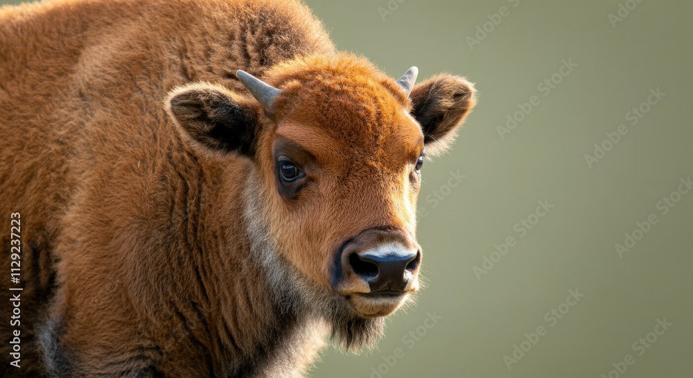 Close-up portrait of a young bison calf in natural habitat Close-up portrait of a young bison calf in natural habitat