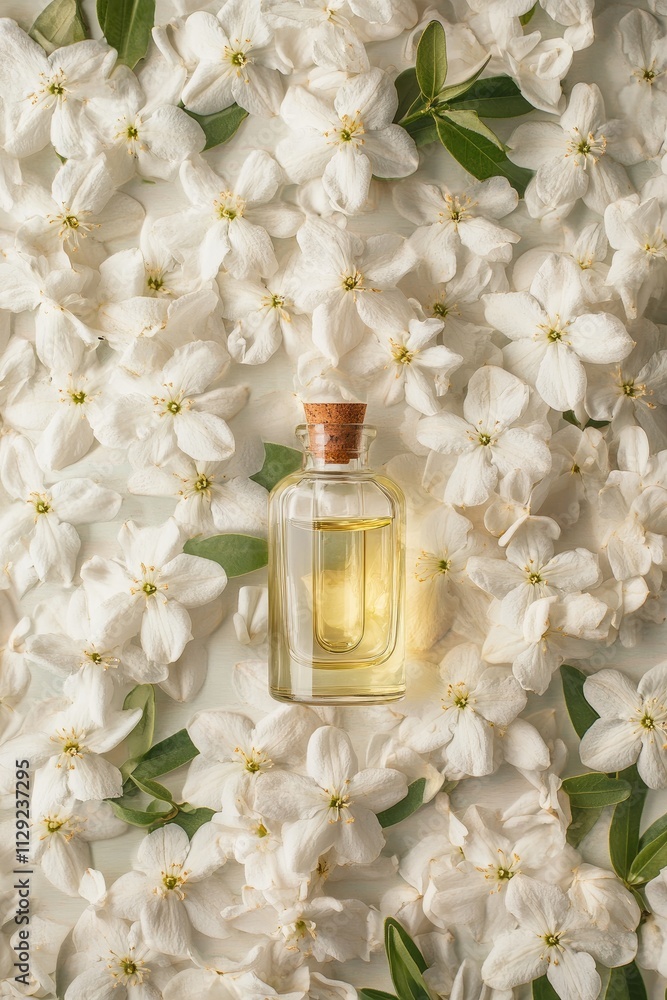 Jasmine essential oil in a bottle. Selective focus. Jasmine essential oil in a bottle. Selective focus.
