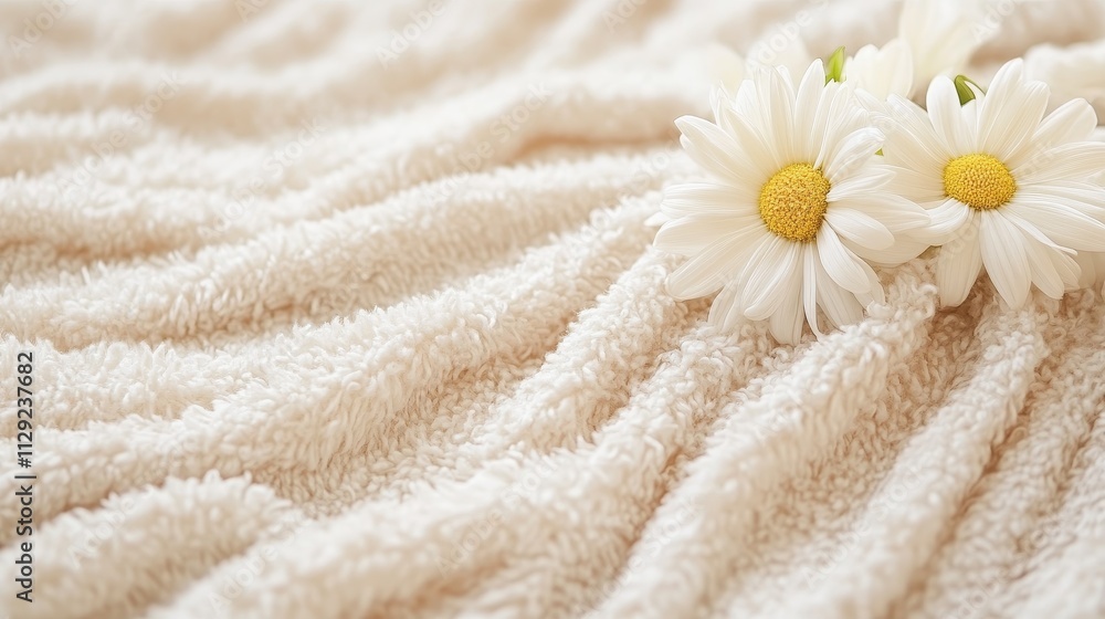 A soft, textured blanket with white daisies, evoking a cozy and serene atmosphere. A soft, textured blanket with white daisies, evoking a cozy and serene atmosphere.