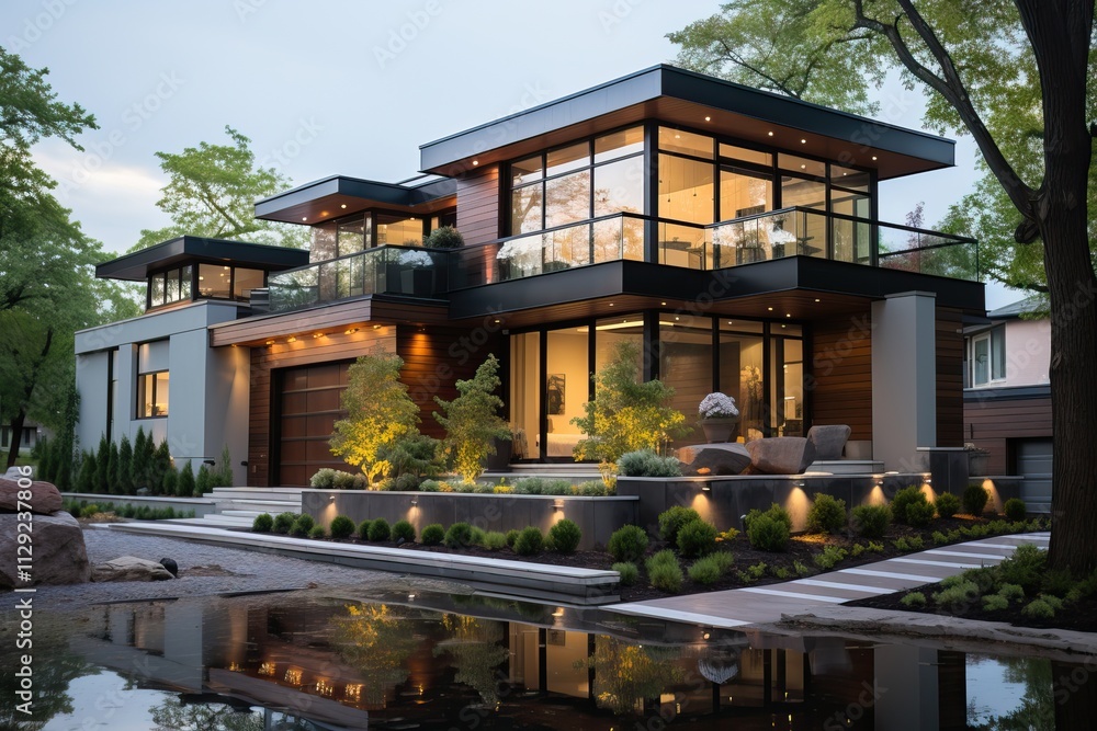 Ultra-modern glass energy-saving house with a wooden roof and concrete base in the evening. Ultra-modern glass energy-saving house with a wooden roof and concrete base in the evening.